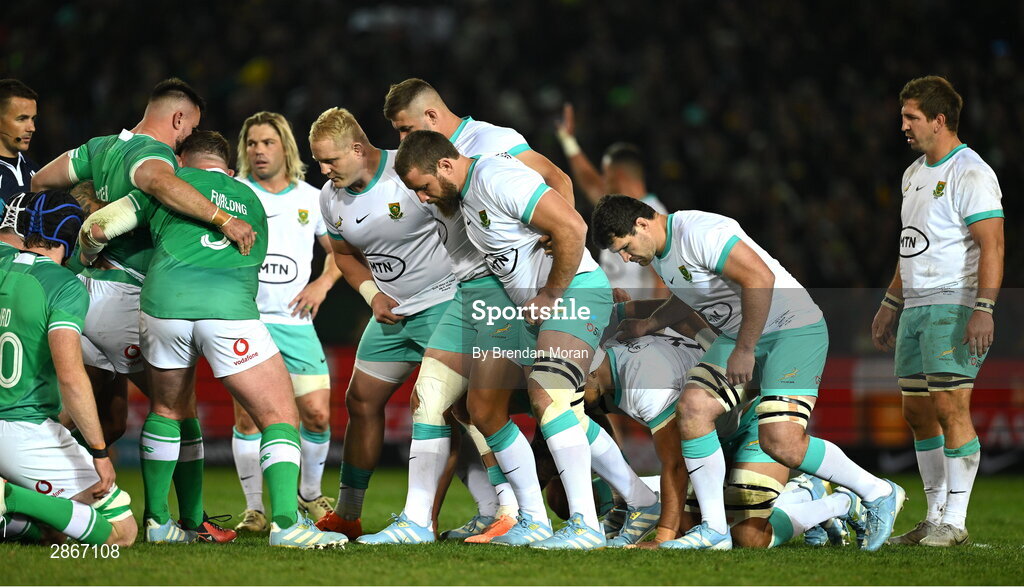 6 July 2024; The South African pack, aka the bomb squad, from left, Vincent Koch, Malcolm Marx, Gerhard Steenekamp, Marco van Staden and Kwagga Smith prepare to engage the Ireland pack in a scrum during the first test between South Africa and Ireland at Loftus Versfeld Stadium in Pretoria, South Africa. Photo by Brendan Moran/Sportsfile