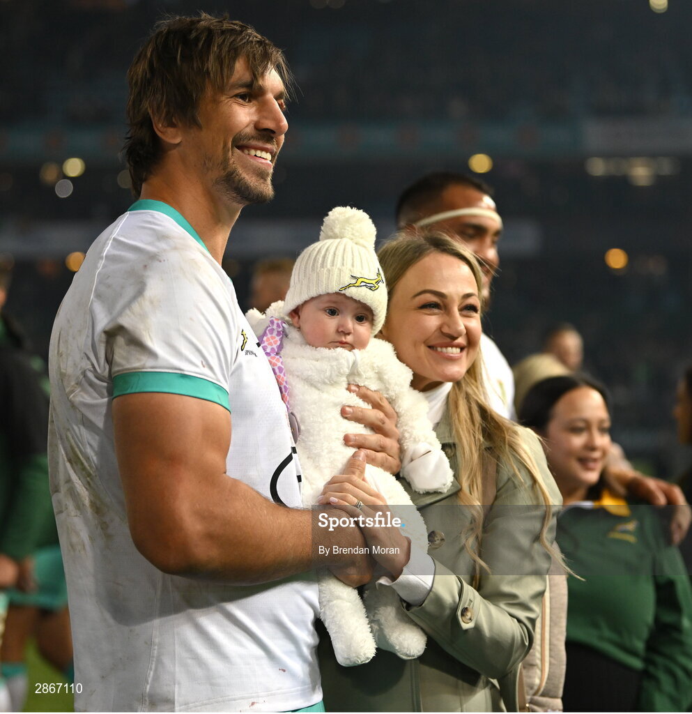 6 July 2024; Eben Etzebeth of South Africa with his wife Anlia and daughter Elizebedi after the first test between South Africa and Ireland at Loftus Versfeld Stadium in Pretoria, South Africa. Photo by Brendan Moran/Sportsfile