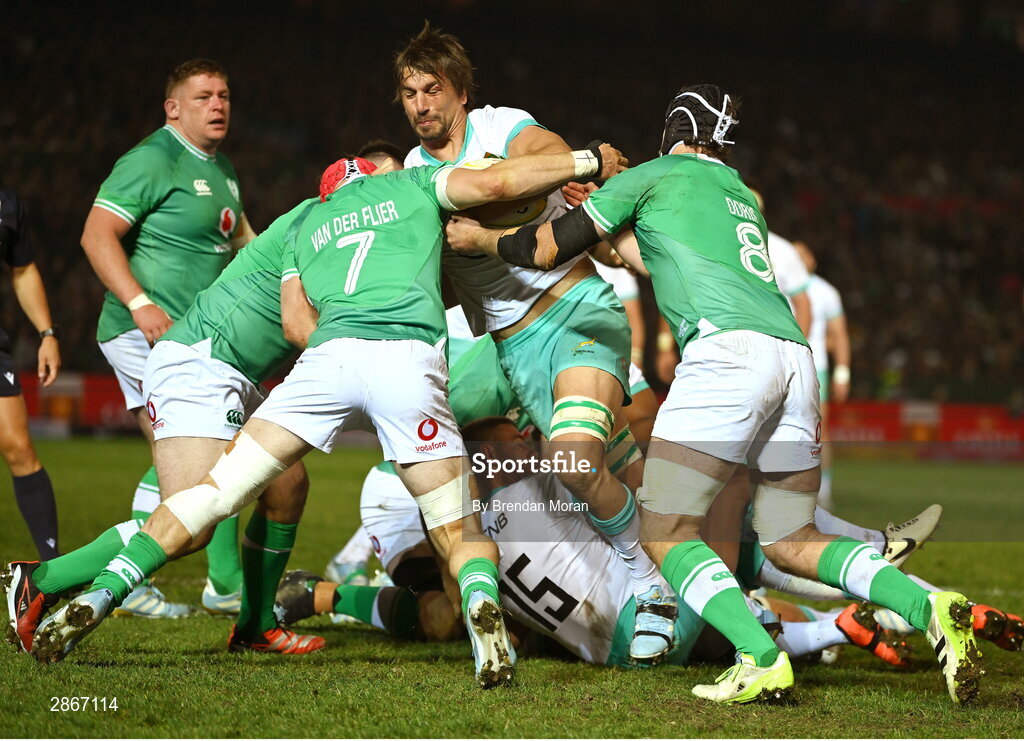 6 July 2024; Eben Etzebeth of South Africa is tackled by Josh van der Flier and Caelan Doris of Ireland during the first test between South Africa and Ireland at Loftus Versfeld Stadium in Pretoria, South Africa. Photo by Brendan Moran/Sportsfile