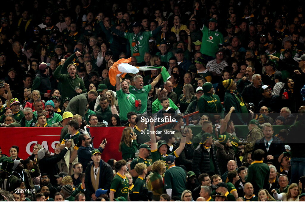 6 July 2024; Ireland supporters during the first test between South Africa and Ireland at Loftus Versfeld Stadium in Pretoria, South Africa. Photo by Brendan Moran/Sportsfile