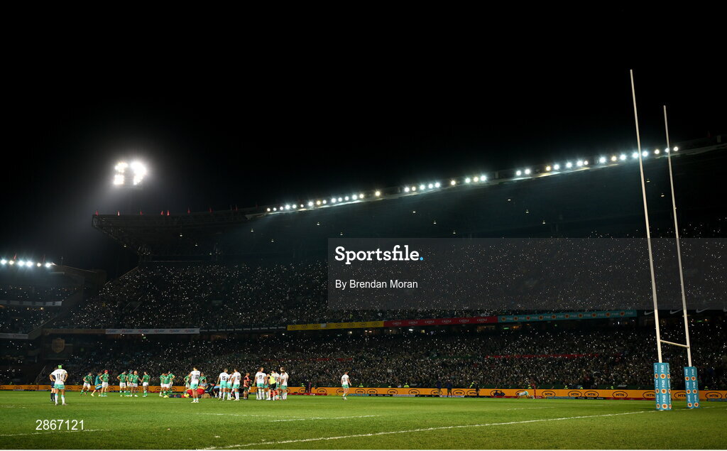 6 July 2024; Supporters are encouraged to use the lights on their phones during a break in play to facilitate medical attention for Craig Casey of Ireland during the first test between South Africa and Ireland at Loftus Versfeld Stadium in Pretoria, South Africa. Photo by Brendan Moran/Sportsfile