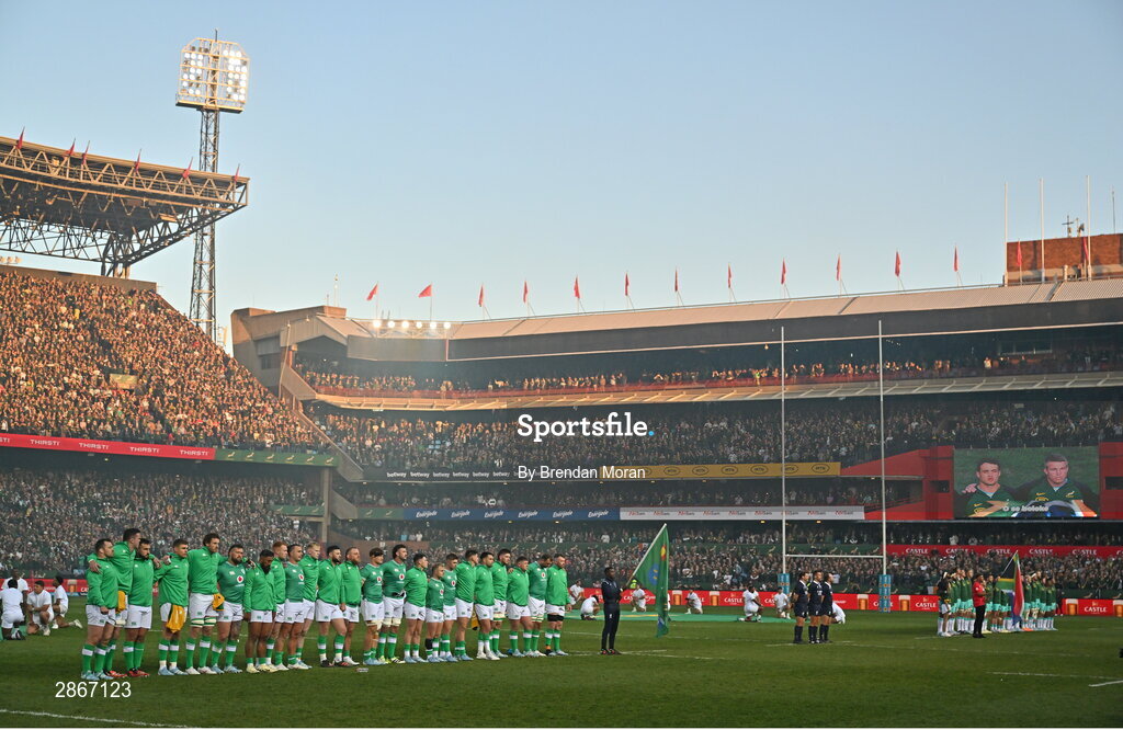 6 July 2024; The Ireland and South Africa teams stand for the national anthems before the first test between South Africa and Ireland at Loftus Versfeld Stadium in Pretoria, South Africa. Photo by Brendan Moran/Sportsfile