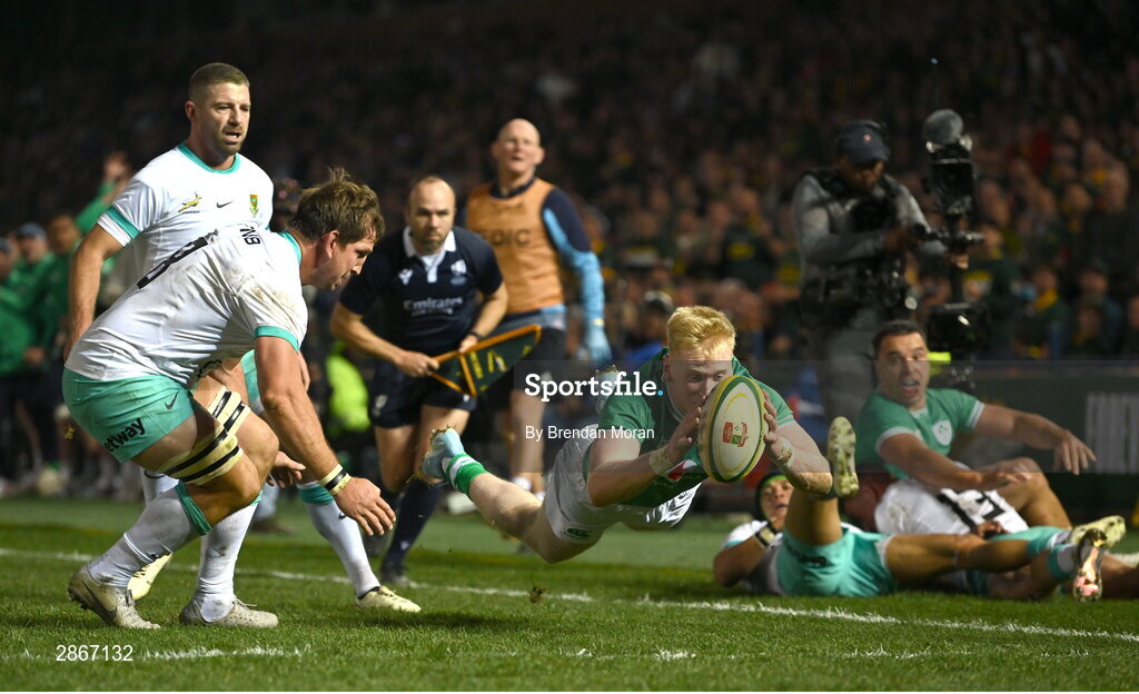 6 July 2024; Jamie Osborne of Ireland scores his side's first try during the first test between South Africa and Ireland at Loftus Versfeld Stadium in Pretoria, South Africa. Photo by Brendan Moran/Sportsfile