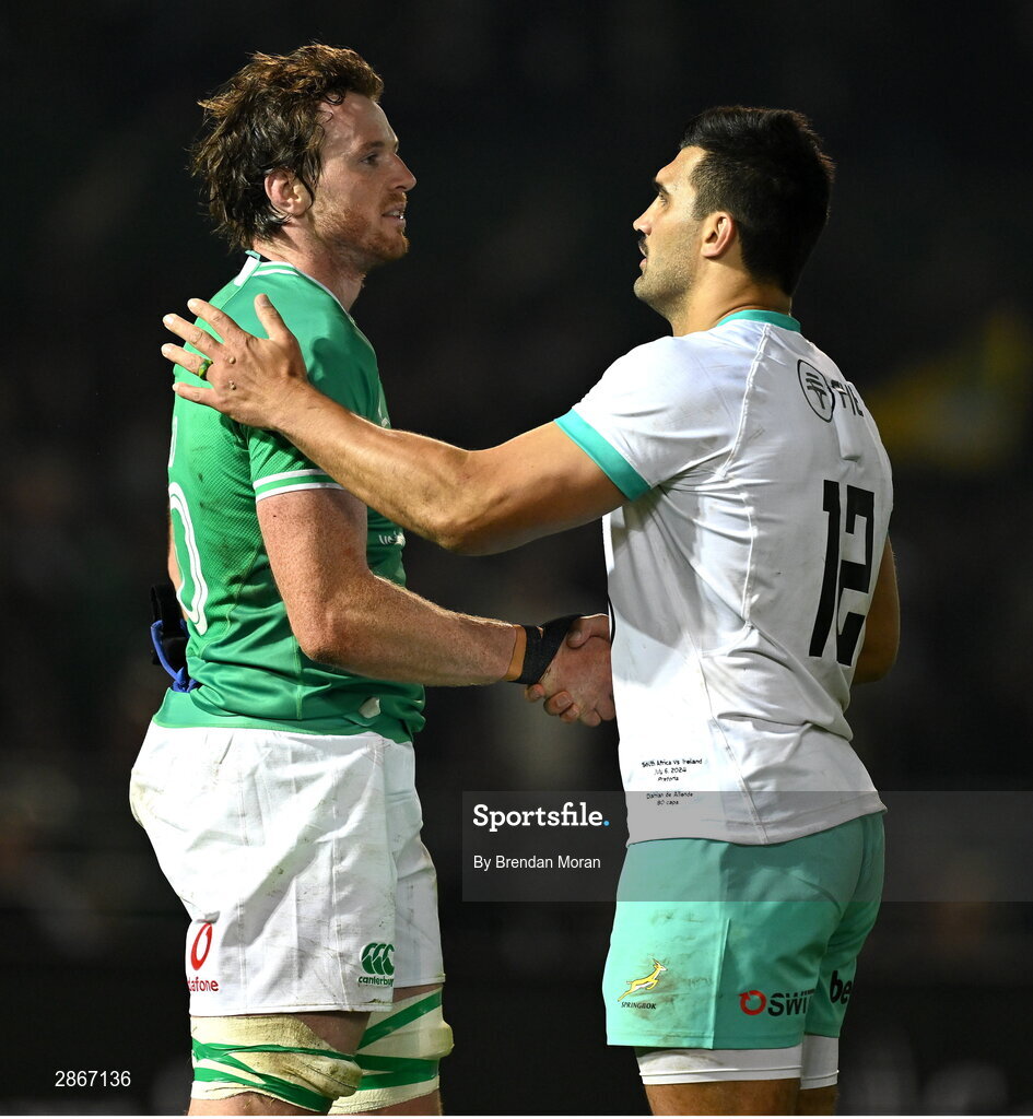 6 July 2024; Ryan Baird of Ireland, left, shakes hands with Damian de Allende of South Africa after the first test between South Africa and Ireland at Loftus Versfeld Stadium in Pretoria, South Africa. Photo by Brendan Moran/Sportsfile