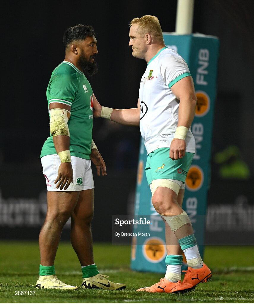 6 July 2024; Bundee Aki of Ireland, left, and Vincent Koch of South Africa after the first test between South Africa and Ireland at Loftus Versfeld Stadium in Pretoria, South Africa. Photo by Brendan Moran/Sportsfile