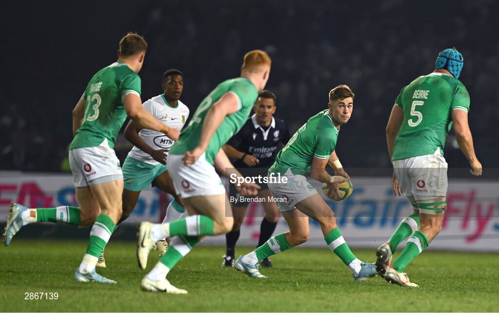 6 July 2024; Jack Crowley of Ireland looks to pass to his teammates during the first test between South Africa and Ireland at Loftus Versfeld Stadium in Pretoria, South Africa. Photo by Brendan Moran/Sportsfile