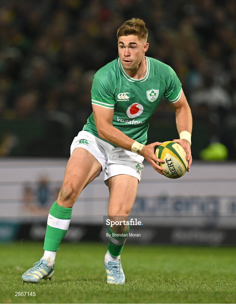 6 July 2024; Jack Crowley of Ireland during the first test between South Africa and Ireland at Loftus Versfeld Stadium in Pretoria, South Africa. Photo by Brendan Moran/Sportsfile