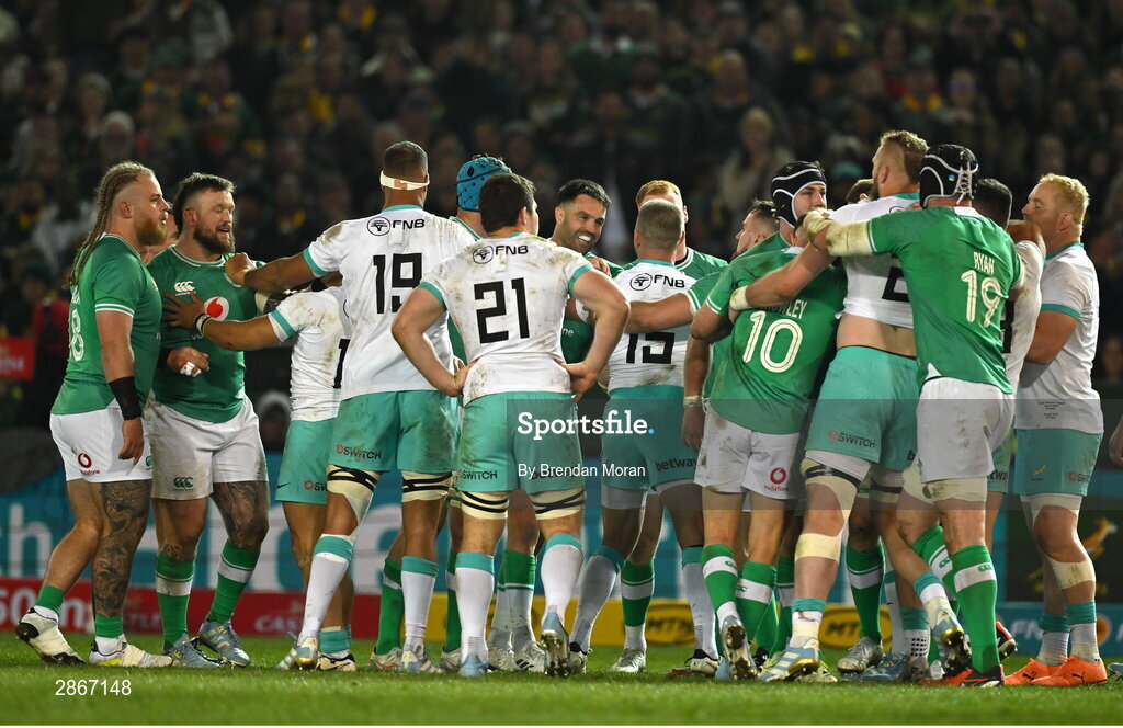 6 July 2024; Players tussle during the first test between South Africa and Ireland at Loftus Versfeld Stadium in Pretoria, South Africa. Photo by Brendan Moran/Sportsfile