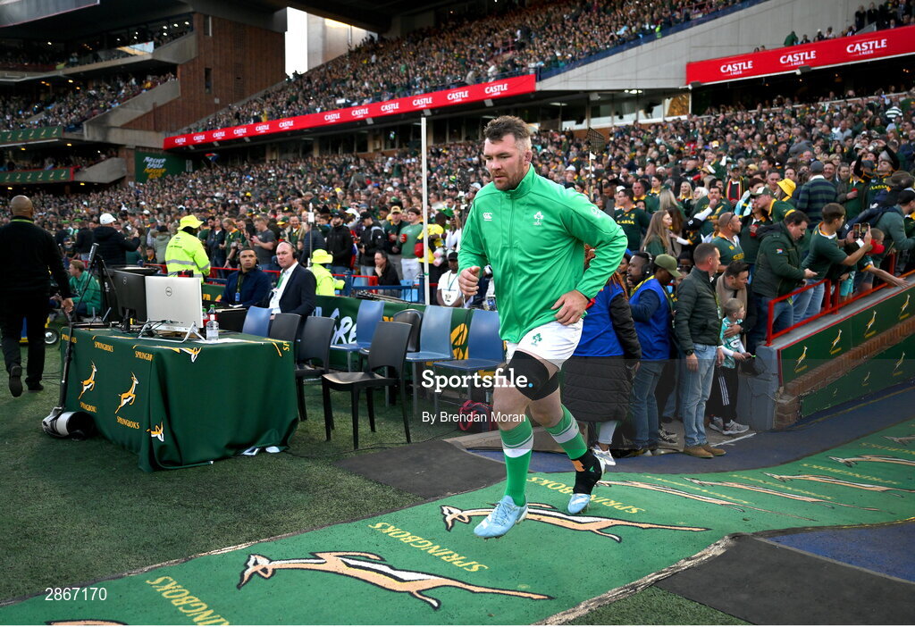 6 July 2024; Ireland captain Peter O’Mahony leads his side onto the pitch before the first test between South Africa and Ireland at Loftus Versfeld Stadium in Pretoria, South Africa. Photo by Brendan Moran/Sportsfile