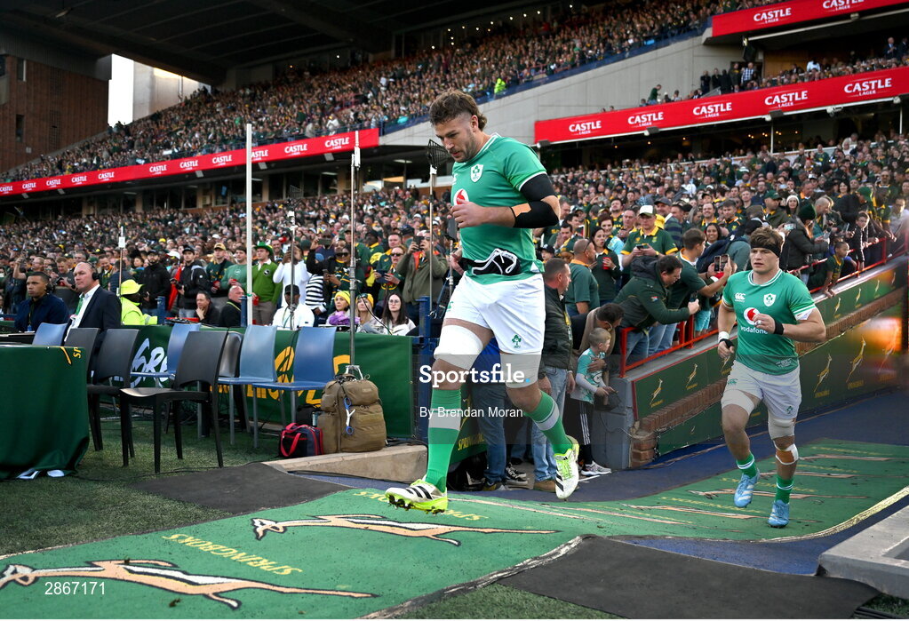 6 July 2024; Caelan Doris of Ireland comes onto the pitch before the first test between South Africa and Ireland at Loftus Versfeld Stadium in Pretoria, South Africa. Photo by Brendan Moran/Sportsfile