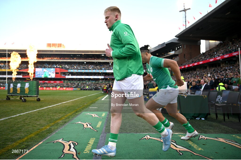 6 July 2024; Jamie Osborne of Ireland comes onto the pitch before the first test between South Africa and Ireland at Loftus Versfeld Stadium in Pretoria, South Africa. Photo by Brendan Moran/Sportsfile