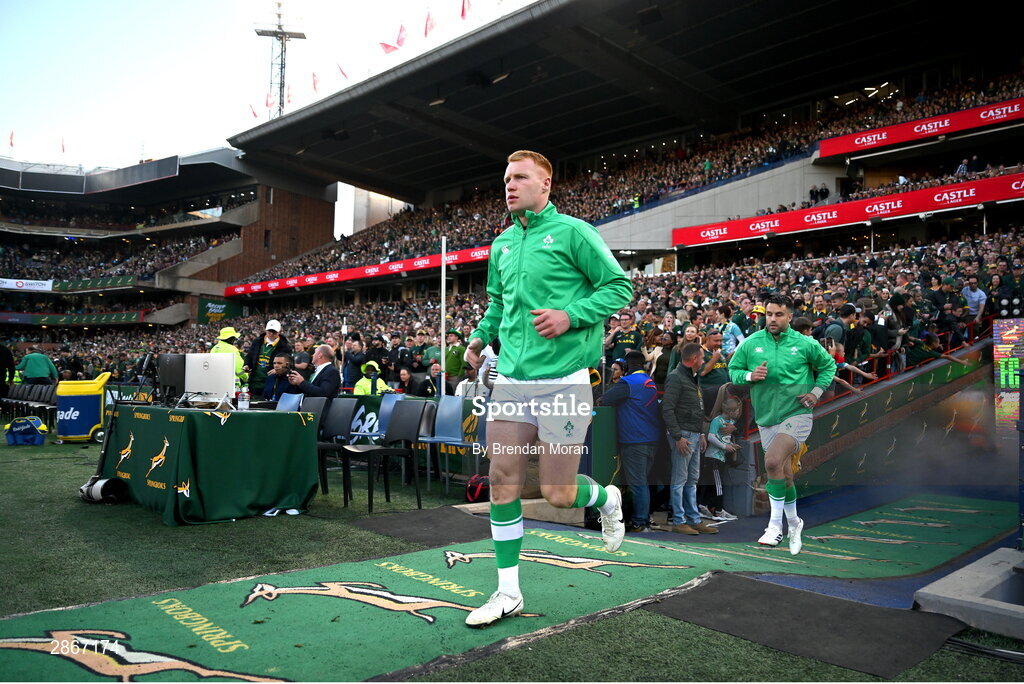 6 July 2024; Ciarán Frawley of Ireland comes onto the pitch before the first test between South Africa and Ireland at Loftus Versfeld Stadium in Pretoria, South Africa. Photo by Brendan Moran/Sportsfile