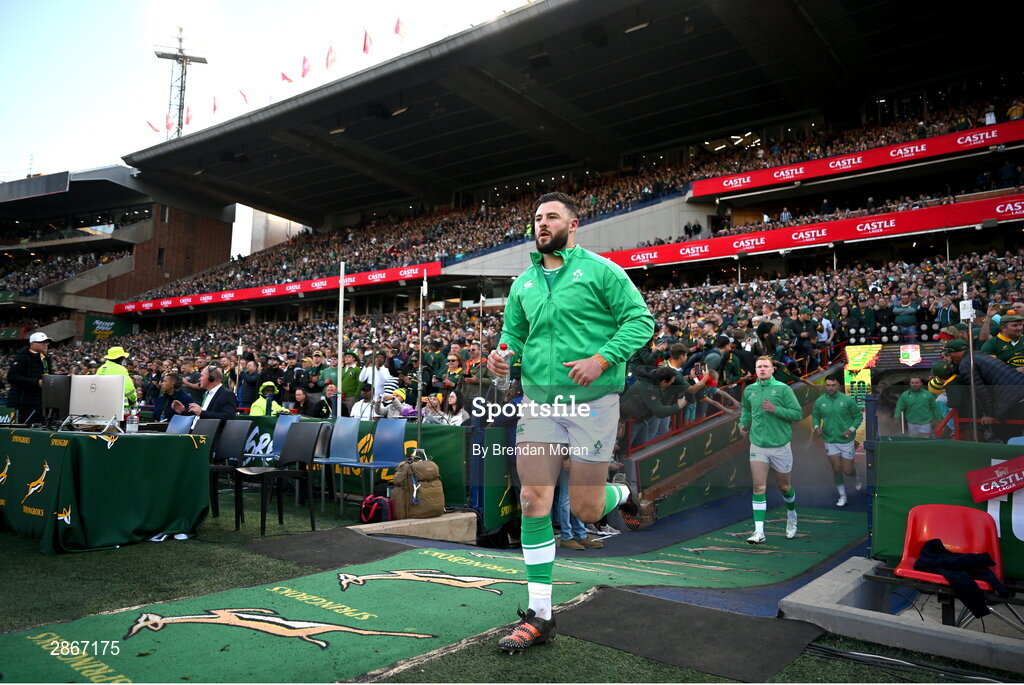 6 July 2024; Robbie Henshaw of Ireland comes onto the pitch before the first test between South Africa and Ireland at Loftus Versfeld Stadium in Pretoria, South Africa. Photo by Brendan Moran/Sportsfile