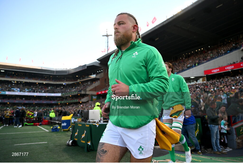 6 July 2024; Finlay Bealham of Ireland comes onto the pitch before the first test between South Africa and Ireland at Loftus Versfeld Stadium in Pretoria, South Africa. Photo by Brendan Moran/Sportsfile
