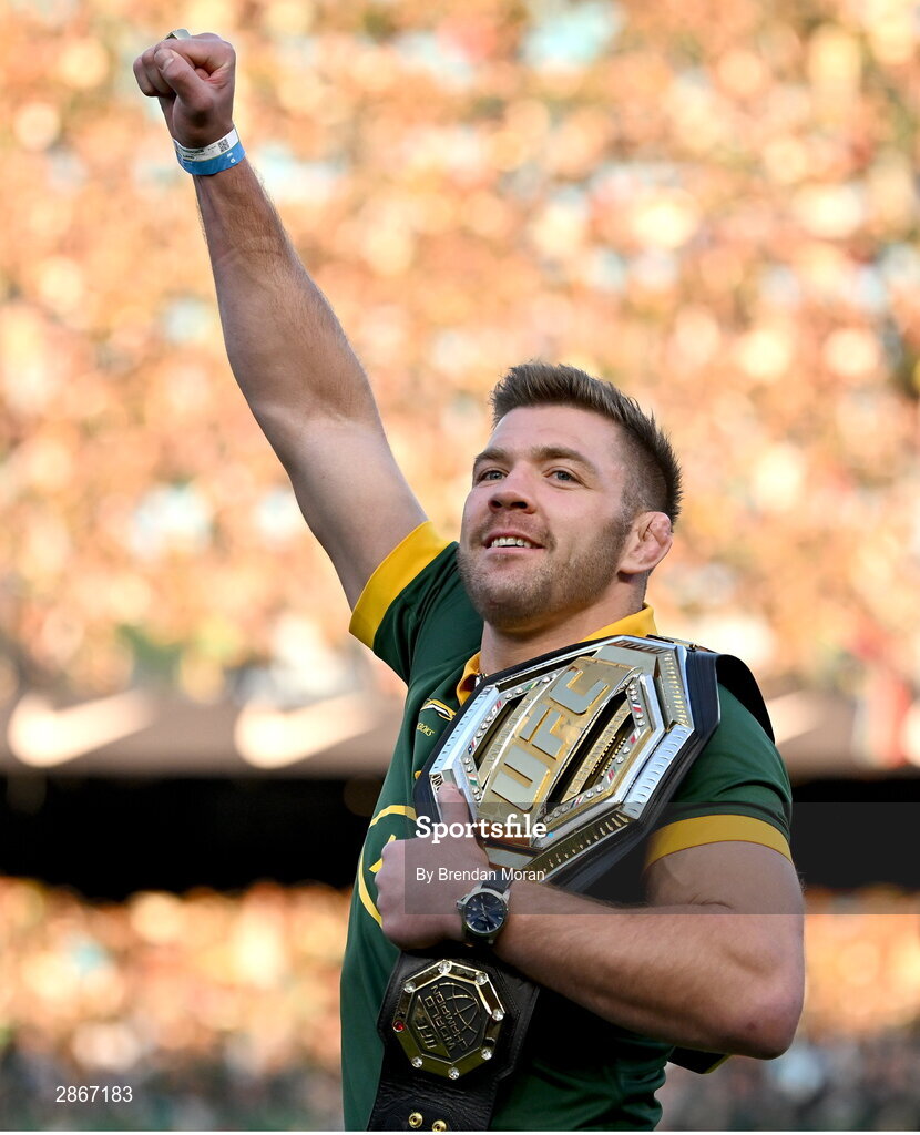 6 July 2024; UFC Middleweight Champion Dricus du Plessis is introduced to the crowd before the first test between South Africa and Ireland at Loftus Versfeld Stadium in Pretoria, South Africa. Photo by Brendan Moran/Sportsfile