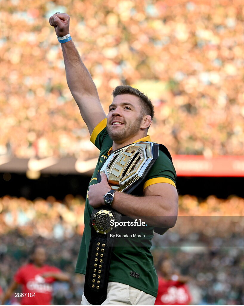 6 July 2024; UFC Middleweight Champion Dricus du Plessis is introduced to the crowd before the first test between South Africa and Ireland at Loftus Versfeld Stadium in Pretoria, South Africa. Photo by Brendan Moran/Sportsfile
