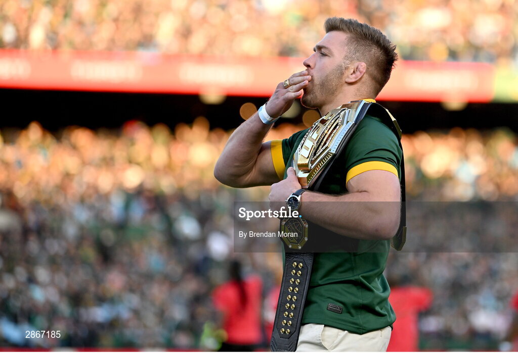 6 July 2024; UFC Middleweight Champion Dricus du Plessis is introduced to the crowd before the first test between South Africa and Ireland at Loftus Versfeld Stadium in Pretoria, South Africa. Photo by Brendan Moran/Sportsfile