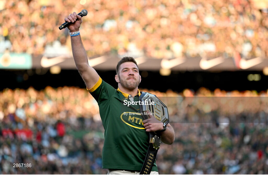 6 July 2024; UFC Middleweight Champion Dricus du Plessis is introduced to the crowd before the first test between South Africa and Ireland at Loftus Versfeld Stadium in Pretoria, South Africa. Photo by Brendan Moran/Sportsfile
