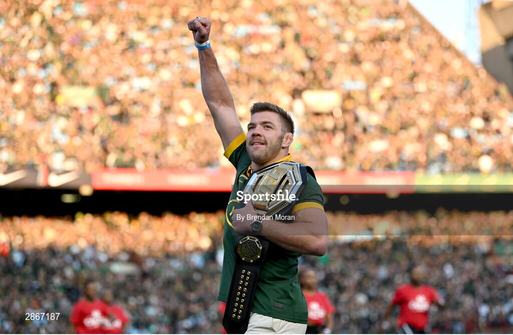 6 July 2024; UFC Middleweight Champion Dricus du Plessis is introduced to the crowd before the first test between South Africa and Ireland at Loftus Versfeld Stadium in Pretoria, South Africa. Photo by Brendan Moran/Sportsfile
