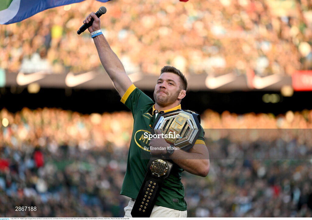 6 July 2024; UFC Middleweight Champion Dricus du Plessis is introduced to the crowd before the first test between South Africa and Ireland at Loftus Versfeld Stadium in Pretoria, South Africa. Photo by Brendan Moran/Sportsfile