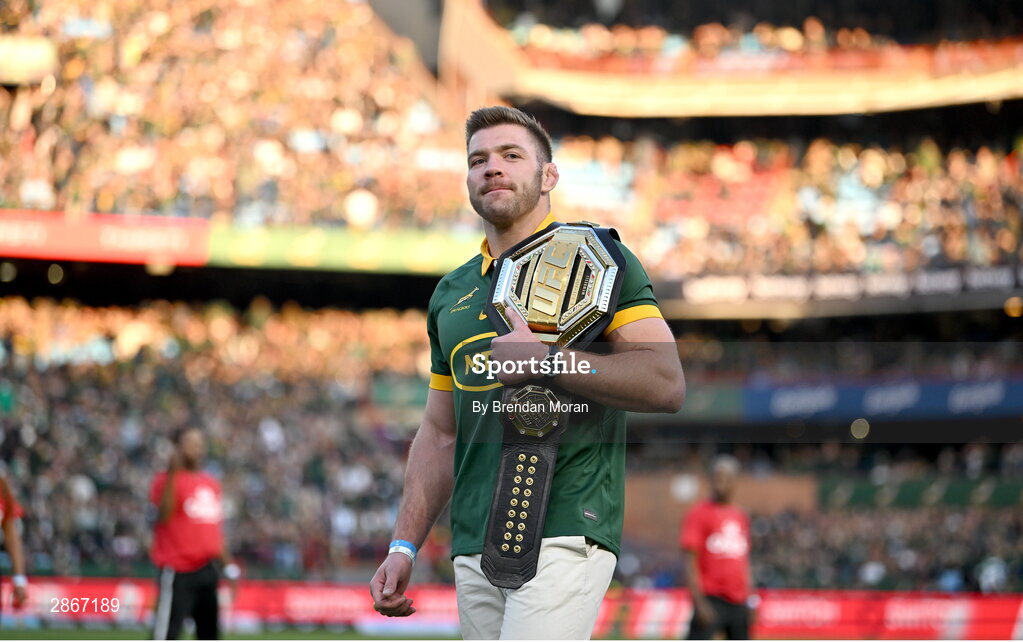 6 July 2024; UFC Middleweight Champion Dricus du Plessis is introduced to the crowd before the first test between South Africa and Ireland at Loftus Versfeld Stadium in Pretoria, South Africa. Photo by Brendan Moran/Sportsfile