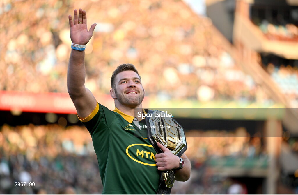 6 July 2024; UFC Middleweight Champion Dricus du Plessis is introduced to the crowd before the first test between South Africa and Ireland at Loftus Versfeld Stadium in Pretoria, South Africa. Photo by Brendan Moran/Sportsfile