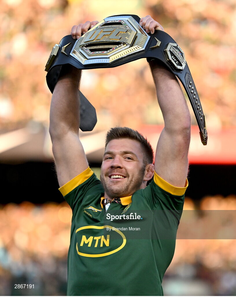 6 July 2024; UFC Middleweight Champion Dricus du Plessis is introduced to the crowd before the first test between South Africa and Ireland at Loftus Versfeld Stadium in Pretoria, South Africa. Photo by Brendan Moran/Sportsfile