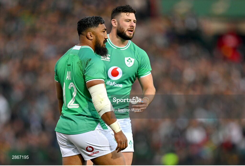 6 July 2024; Bundee Aki, left, and Robbie Henshaw of Ireland during the first test between South Africa and Ireland at Loftus Versfeld Stadium in Pretoria, South Africa. Photo by Brendan Moran/Sportsfile