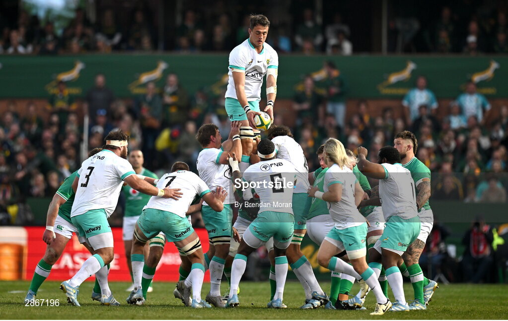 6 July 2024; Franco Mostert of South Africa takes the ball in a lineout  during the first test between South Africa and Ireland at Loftus Versfeld Stadium in Pretoria, South Africa. Photo by Brendan Moran/Sportsfile