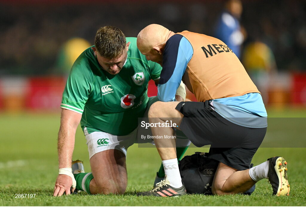 6 July 2024; Tadhg Furlong of Ireland is attended to by team doctor Jim McShane during the first test between South Africa and Ireland at Loftus Versfeld Stadium in Pretoria, South Africa. Photo by Brendan Moran/Sportsfile
