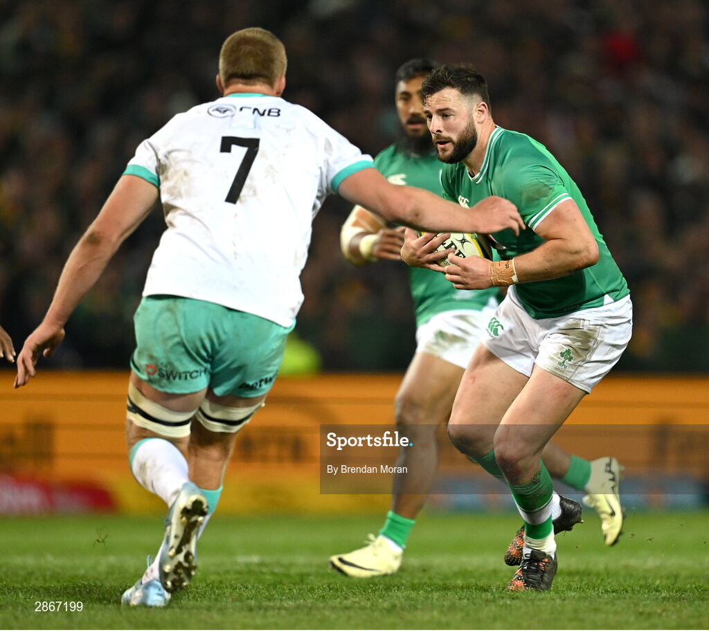 6 July 2024; Robbie Henshaw of Ireland in action against Pieter-Steph du Toit of South Africa during the first test between South Africa and Ireland at Loftus Versfeld Stadium in Pretoria, South Africa. Photo by Brendan Moran/Sportsfile