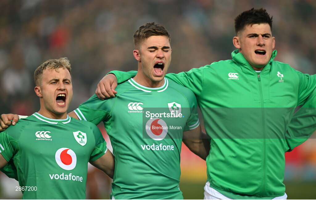 6 July 2024; Ireland players, from left, Craig Casey, Jack Crowley and Dan Sheehan during the national anthems before the first test between South Africa and Ireland at Loftus Versfeld Stadium in Pretoria, South Africa. Photo by Brendan Moran/Sportsfile