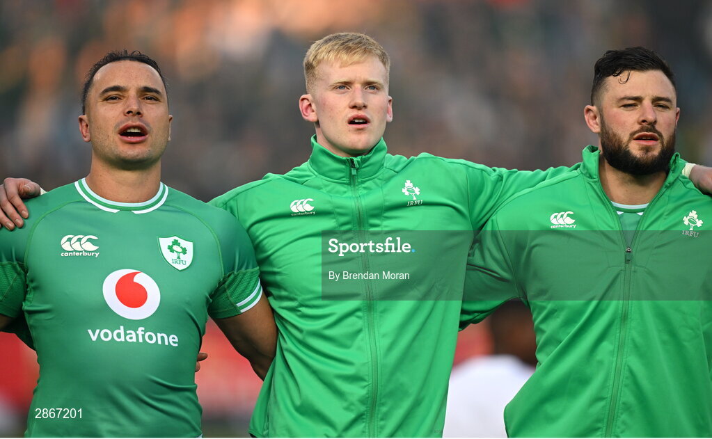 6 July 2024; Ireland players, from left, James Lowe, Jamie Osborne and Robbie Henshaw during the national anthems before the first test between South Africa and Ireland at Loftus Versfeld Stadium in Pretoria, South Africa. Photo by Brendan Moran/Sportsfile