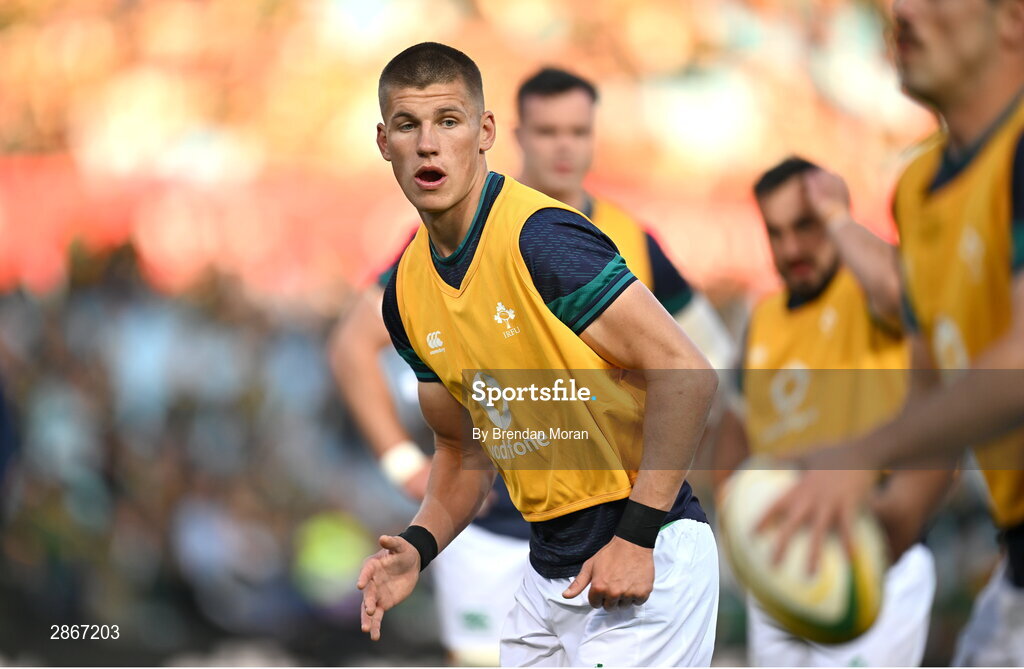 6 July 2024; Sam Prendergast of Ireland before the first test between South Africa and Ireland at Loftus Versfeld Stadium in Pretoria, South Africa. Photo by Brendan Moran/Sportsfile