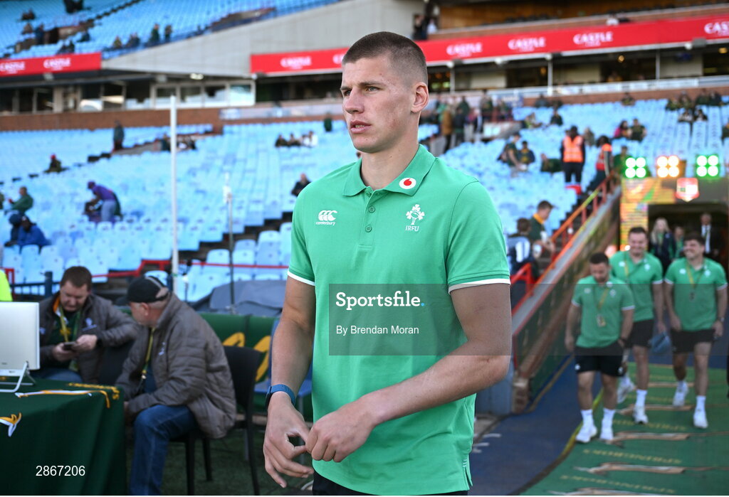 6 July 2024; Sam Prendergast of Ireland arrives before the first test between South Africa and Ireland at Loftus Versfeld Stadium in Pretoria, South Africa. Photo by Brendan Moran/Sportsfile