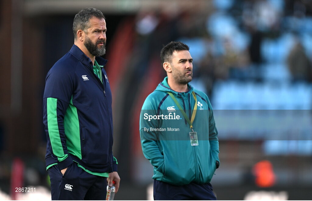 6 July 2024; Ireland head coach Andy Farrell, left, and high performance analyst Vinny Hammond before the first test between South Africa and Ireland at Loftus Versfeld Stadium in Pretoria, South Africa. Photo by Brendan Moran/Sportsfile
