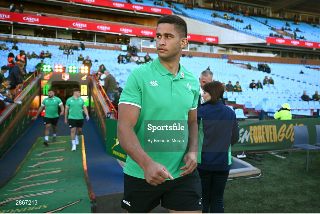6 July 2024; Cormac Izuchukwu of Ireland arrives before the first test between South Africa and Ireland at Loftus Versfeld Stadium in Pretoria, South Africa. Photo by Brendan Moran/Sportsfile