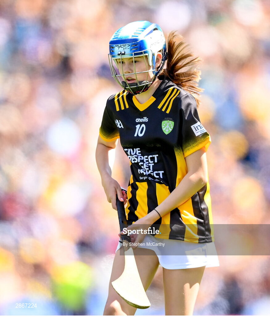 6 July 2024; Annabelle Bray, St Mary's NS, Raharney, Westmeath, representing Kilkenny, during the GAA INTO Cumann na mBunscol Respect Exhibition Go Games at the GAA Hurling All-Ireland Senior Championship semi-final match between Kilkenny and Clare at Croke Park in Dublin. Photo by Stephen McCarthy/Sportsfile