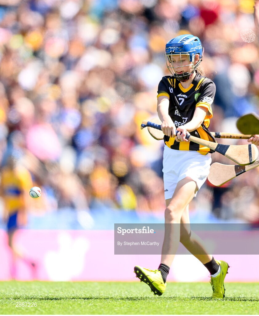 6 July 2024; Eva Hamilton, Bunscoil Bóthar na Naomh, Port Láirge, representing Kilkenny, during the GAA INTO Cumann na mBunscol Respect Exhibition Go Games at the GAA Hurling All-Ireland Senior Championship semi-final match between Kilkenny and Clare at Croke Park in Dublin. Photo by Stephen McCarthy/Sportsfile