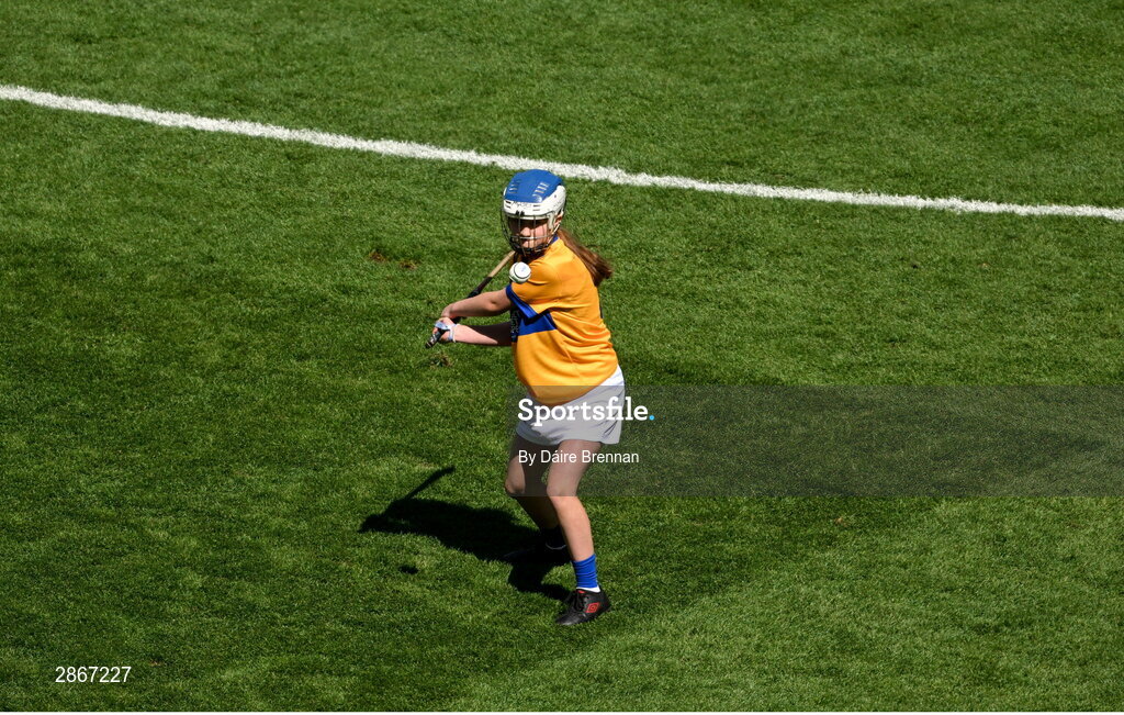 6 July 2024; Niamh Ní Raghallaigh, Scoil Mhuire gan Smal, Sligeach, representing Clare, during the GAA INTO Cumann na mBunscol Respect Exhibition Go Games at the GAA Hurling All-Ireland Senior Championship semi-final match between Kilkenny and Clare at Croke Park in Dublin. Photo by Daire Brennan/Sportsfile