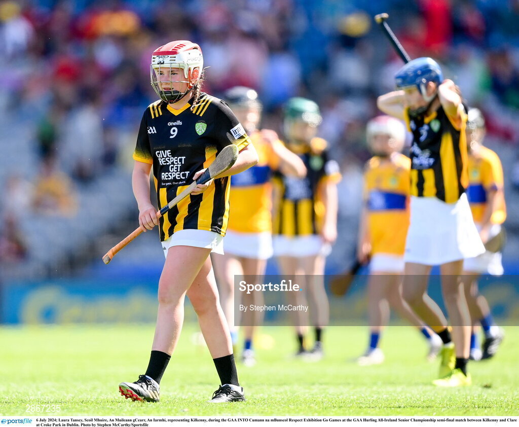 6 July 2024; Laura Tansey, Scoil Mhuire, An Muileann gCearr, An Iarmhí, representing Kilkenny, during the GAA INTO Cumann na mBunscol Respect Exhibition Go Games at the GAA Hurling All-Ireland Senior Championship semi-final match between Kilkenny and Clare at Croke Park in Dublin. Photo by Stephen McCarthy/Sportsfile