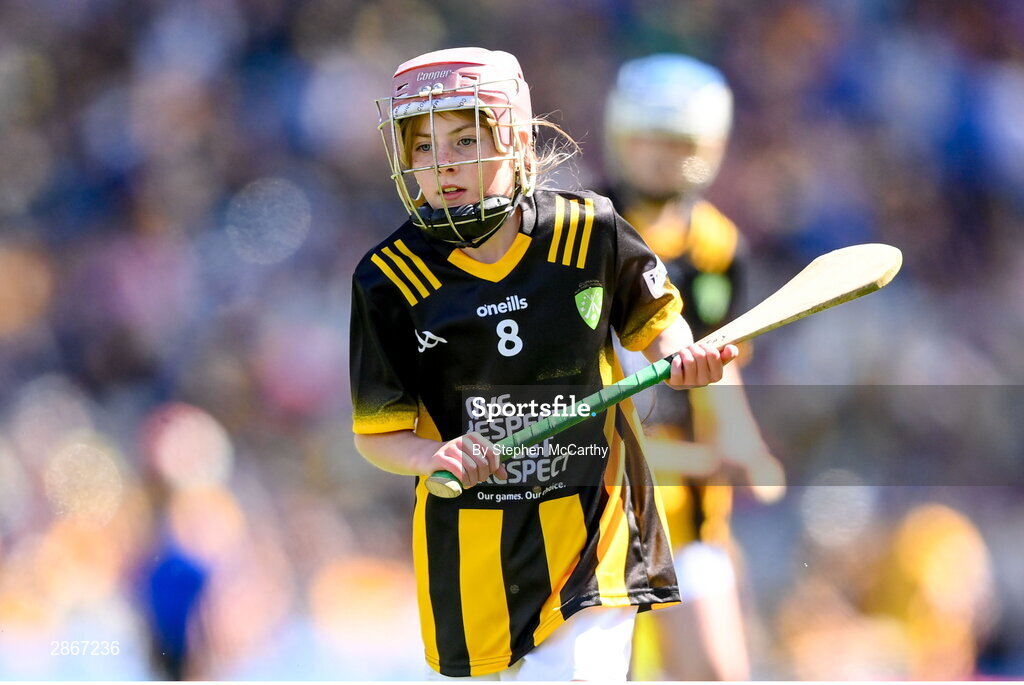 6 July 2024; Faye O'Connell, Rathnure NS, Rathnure, Wexford, representing Kilkenny, during the GAA INTO Cumann na mBunscol Respect Exhibition Go Games at the GAA Hurling All-Ireland Senior Championship semi-final match between Kilkenny and Clare at Croke Park in Dublin. Photo by Stephen McCarthy/Sportsfile