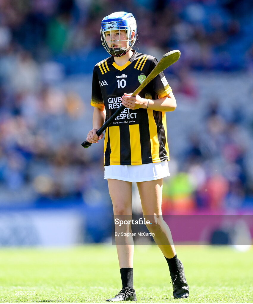 6 July 2024; Annabelle Bray, St Mary's NS, Raharney, Westmeath, representing Kilkenny, during the GAA INTO Cumann na mBunscol Respect Exhibition Go Games at the GAA Hurling All-Ireland Senior Championship semi-final match between Kilkenny and Clare at Croke Park in Dublin. Photo by Stephen McCarthy/Sportsfile