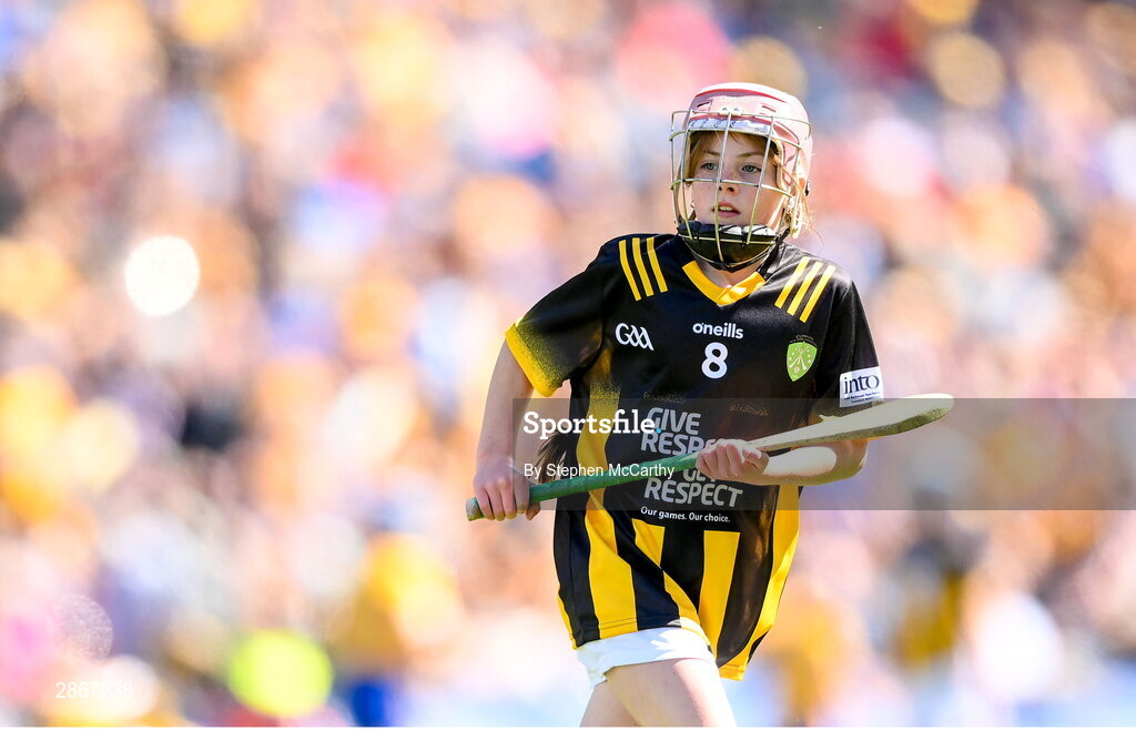 6 July 2024; Faye O'Connell, Rathnure NS, Rathnure, Wexford, representing Kilkenny, during the GAA INTO Cumann na mBunscol Respect Exhibition Go Games at the GAA Hurling All-Ireland Senior Championship semi-final match between Kilkenny and Clare at Croke Park in Dublin. Photo by Stephen McCarthy/Sportsfile