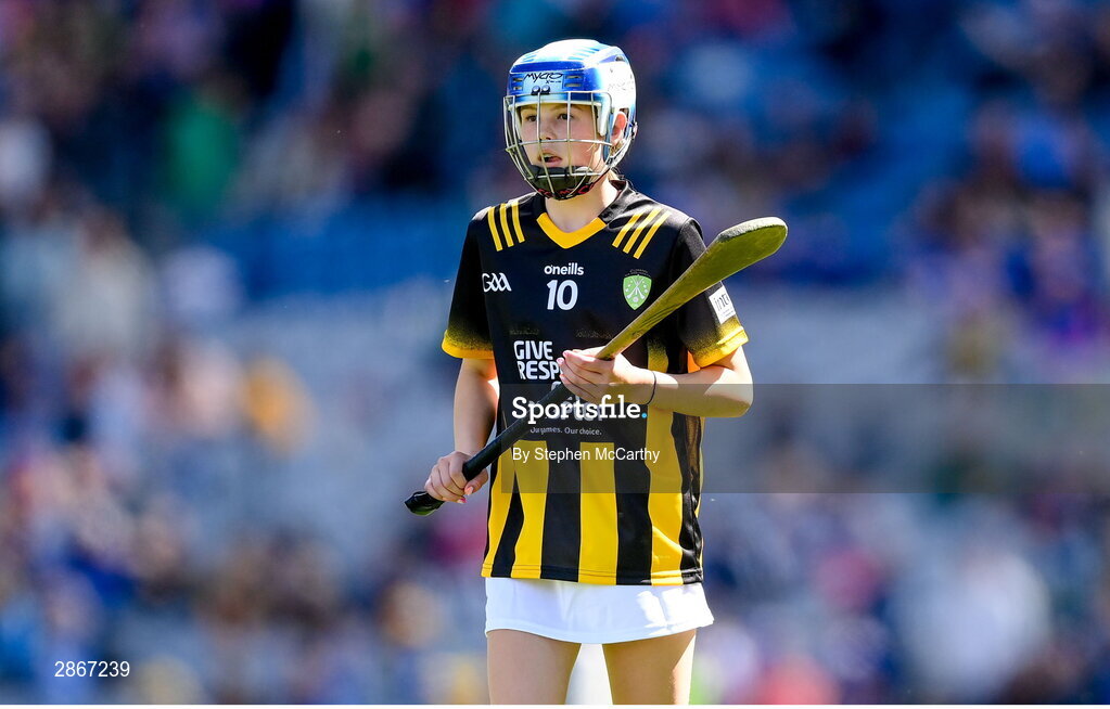 6 July 2024; Annabelle Bray, St Mary's NS, Raharney, Westmeath, representing Kilkenny, during the GAA INTO Cumann na mBunscol Respect Exhibition Go Games at the GAA Hurling All-Ireland Senior Championship semi-final match between Kilkenny and Clare at Croke Park in Dublin. Photo by Stephen McCarthy/Sportsfile
