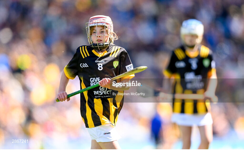 6 July 2024; Faye O'Connell, Rathnure NS, Rathnure, Wexford, representing Kilkenny, during the GAA INTO Cumann na mBunscol Respect Exhibition Go Games at the GAA Hurling All-Ireland Senior Championship semi-final match between Kilkenny and Clare at Croke Park in Dublin. Photo by Stephen McCarthy/Sportsfile
