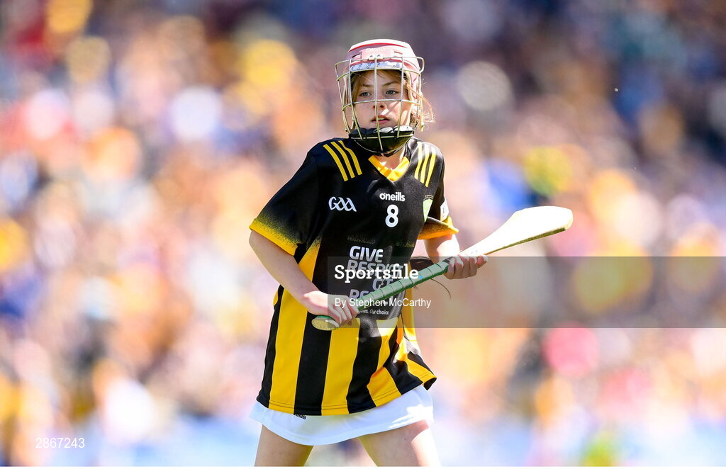 6 July 2024; Faye O'Connell, Rathnure NS, Rathnure, Wexford, representing Kilkenny, during the GAA INTO Cumann na mBunscol Respect Exhibition Go Games at the GAA Hurling All-Ireland Senior Championship semi-final match between Kilkenny and Clare at Croke Park in Dublin. Photo by Stephen McCarthy/Sportsfile