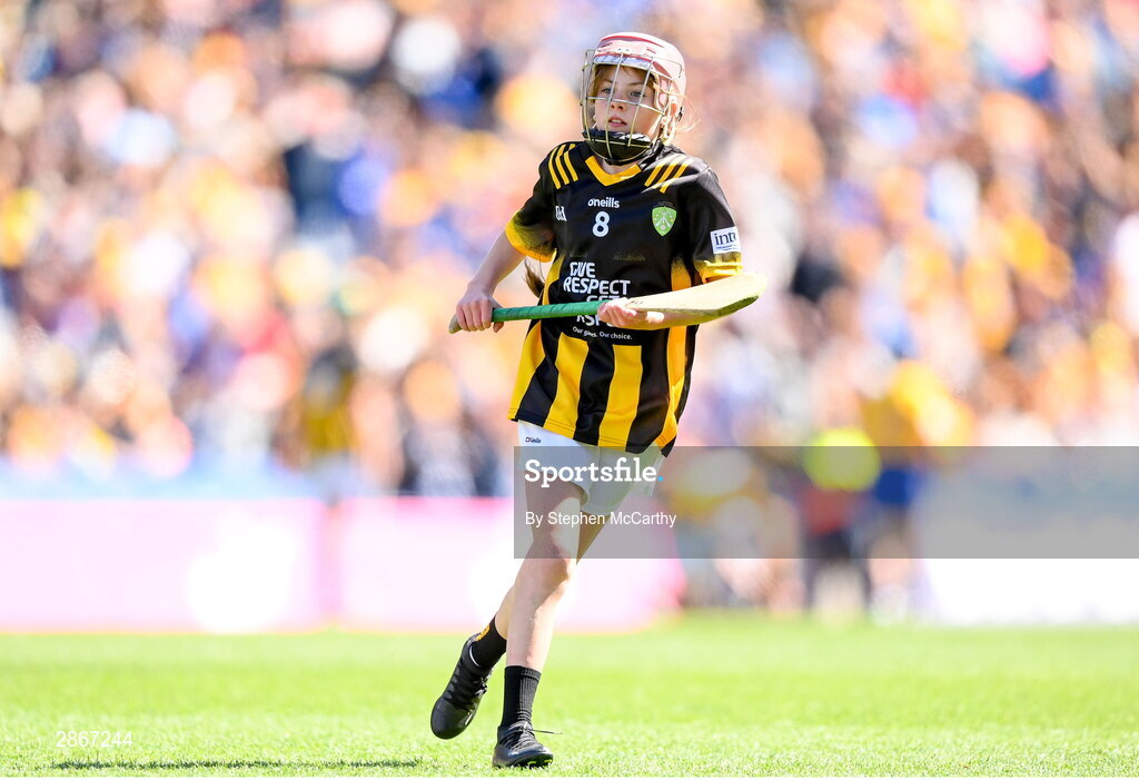 6 July 2024; Faye O'Connell, Rathnure NS, Rathnure, Wexford, representing Kilkenny, during the GAA INTO Cumann na mBunscol Respect Exhibition Go Games at the GAA Hurling All-Ireland Senior Championship semi-final match between Kilkenny and Clare at Croke Park in Dublin. Photo by Stephen McCarthy/Sportsfile