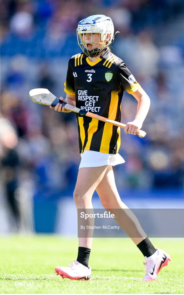 6 July 2024; Lily Comerford, Mary Help of Christian's GNS, Dublin, representing Kilkenny, during the GAA INTO Cumann na mBunscol Respect Exhibition Go Games at the GAA Hurling All-Ireland Senior Championship semi-final match between Kilkenny and Clare at Croke Park in Dublin. Photo by Stephen McCarthy/Sportsfile