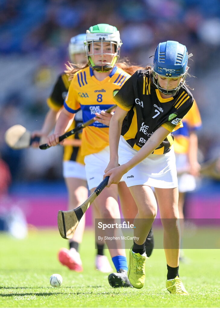 6 July 2024; Eva Hamilton, Bunscoil Bóthar na Naomh, Port Láirge, representing Kilkenny, during the GAA INTO Cumann na mBunscol Respect Exhibition Go Games at the GAA Hurling All-Ireland Senior Championship semi-final match between Kilkenny and Clare at Croke Park in Dublin. Photo by Stephen McCarthy/Sportsfile